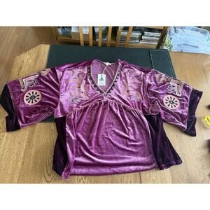 Easel Embroidered Velvet Tunic Blouse V-Neck 1X Purple Pink Floral Bohemian
